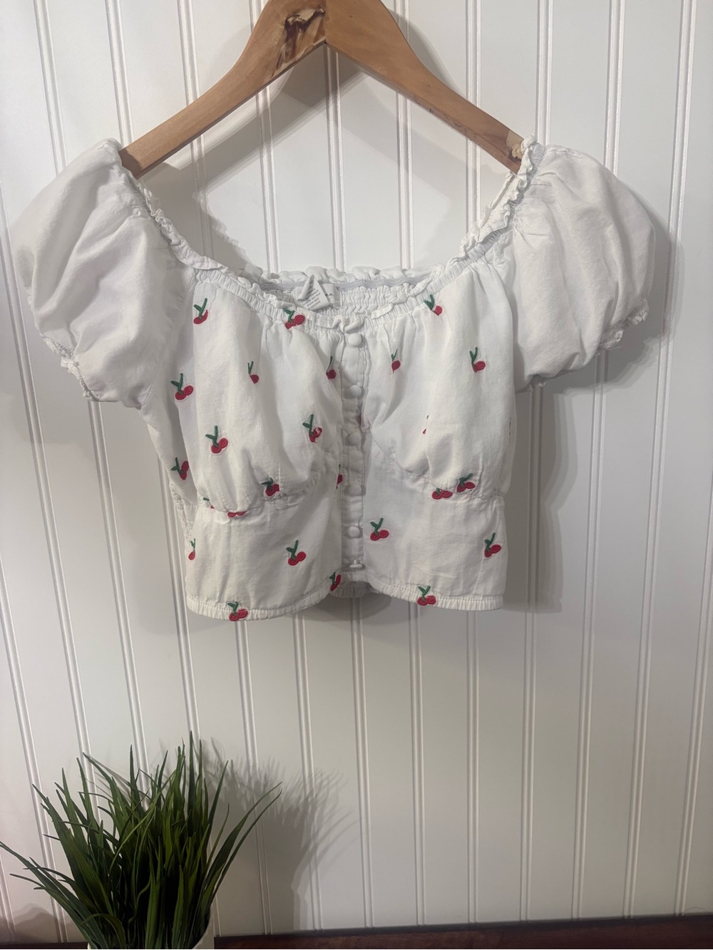 Jopna White Cherry Print Puff Sleeve Milkmaid Crop Top M